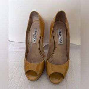 Jimmy Choo Womens Patent Leather Mustard High Heels Pumps‎ Peep Toe EU 36 or 5.5